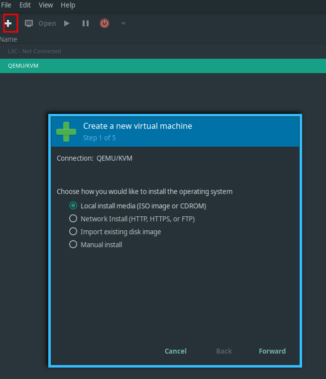 Figure 1: create a new virtual machine with virt-manager